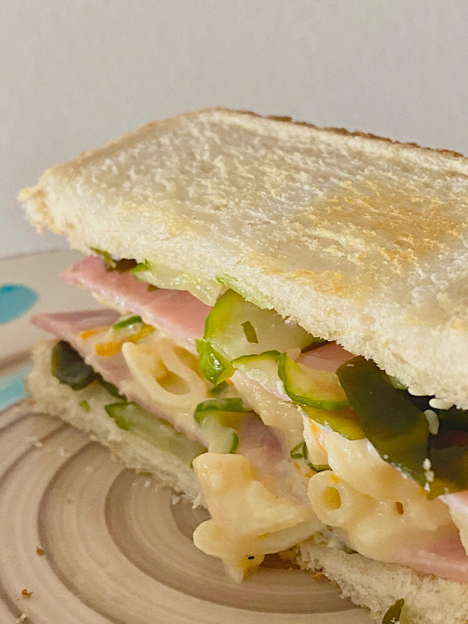 Potato Pasta Salad with Ham Slices
Sandwich with Pickled Cucumber Slices