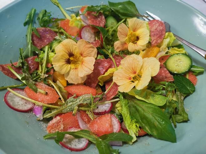 Homegrown, Super Fresh Salami Herb Salad, Slimming and Appetizing!