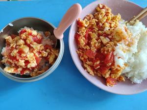 Tomato and egg over rice.