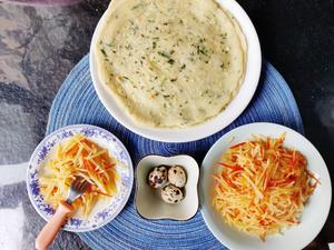 Breakfast of vegetable pancake, quail eggs, and stir-fried potato and carrot.