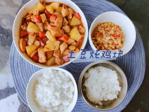 Lunch of braised chicken with potatoes and rice.