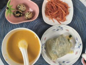 Vegetable rolls with cold carrot salad, pumpkin, millet porridge, and quail eggs.