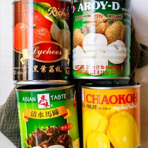 I raided a Vietnamese grocery store and picked up some canned fruits (lychee, longan, water chestnuts, and jackfruit).