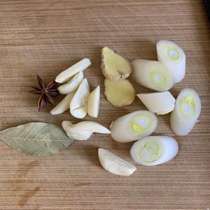 Prepare green onion, ginger, garlic, star anise, and bay leaves.