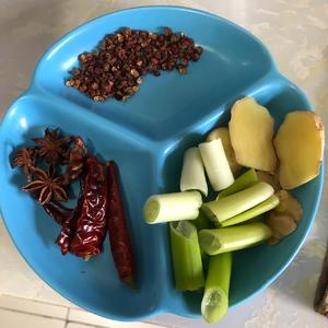 Prepare sections of green onion, slices of ginger, dried chili peppers, star anise, and Sichuan peppercorns.