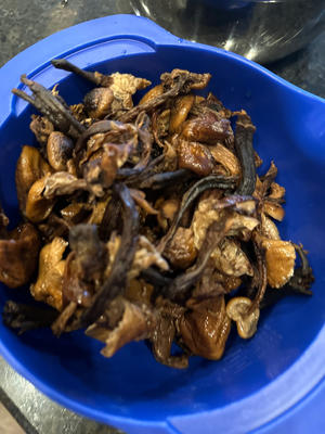 Pour in 30g of cooking wine and the reserved mushroom soaking water until the chicken is covered.