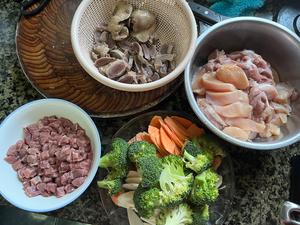 Blanch the organs in water to remove odor; dice the beef for better texture.