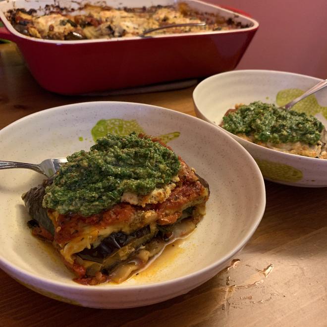 Eggplant Lasagna with Arugula Pesto