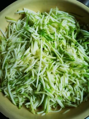 Grate the zucchini; don't make it too fine. Sprinkle about a teaspoon (approximately 5 grams) of salt over it and let it sit for a while while you prepare the other ingredients.